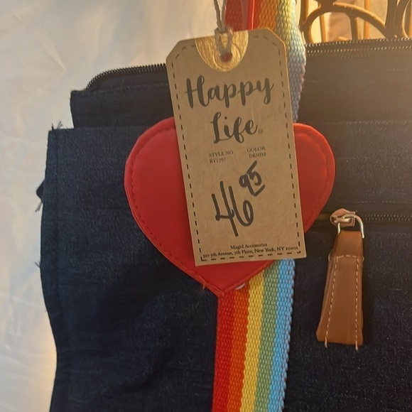 Net denim rainbow tote with attached purse 2 pockets zips closed - Picture 10 of 10